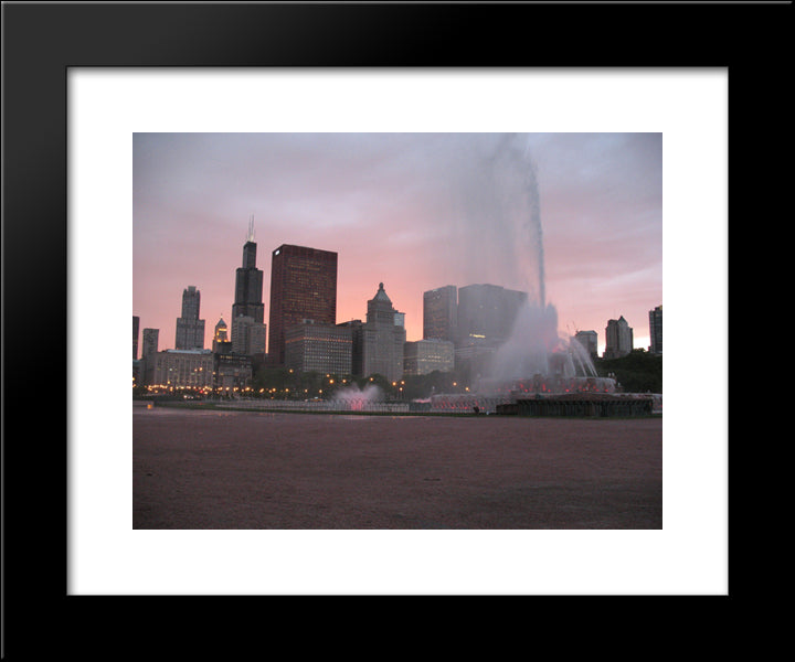 Chicago And Buckingham Fountain At Night 20x24 Black Modern Wood Framed Art Print Poster