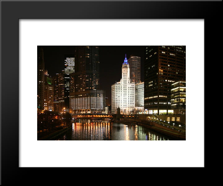 Chicago River At Night 20x24 Black Modern Wood Framed Art Print Poster