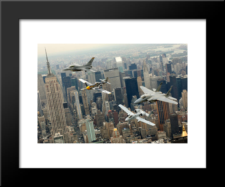 P-51 Mustang Flying Of New York City 20x24 Black Modern Wood Framed Art Print Poster