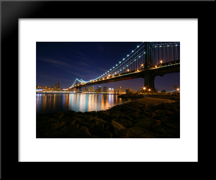 New York City Manhattan Bridge At Night 20x24 Black Modern Wood Framed Art Print Poster