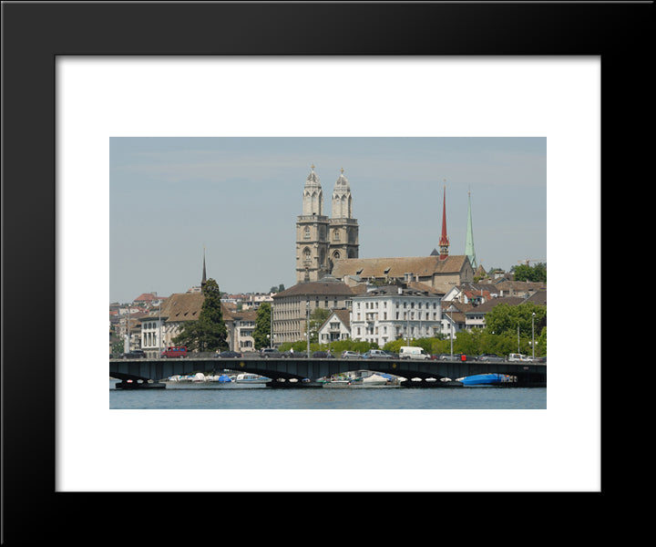 Quai Bridge And Grossmunster, Lake Zurich 20x24 Black Modern Wood Framed Art Print Poster