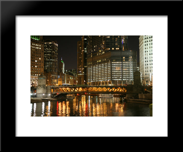 Chicago River At Night 20x24 Black Modern Wood Framed Art Print Poster