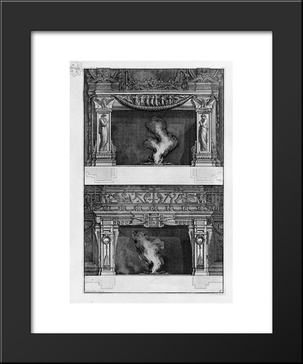 Two Fireplaces Overlapping: The Support Auletridi With Two Sides, And Numerous Figures In The Frieze 20x24 Black Modern Wood Framed Art Print Poster by Piranesi, Giovanni Battista