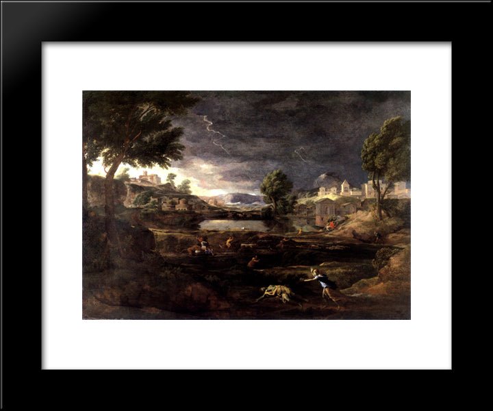 Stormy Landscape With Pyramus And Thisbe 20x24 Black Modern Wood Framed Art Print Poster by Poussin, Nicolas