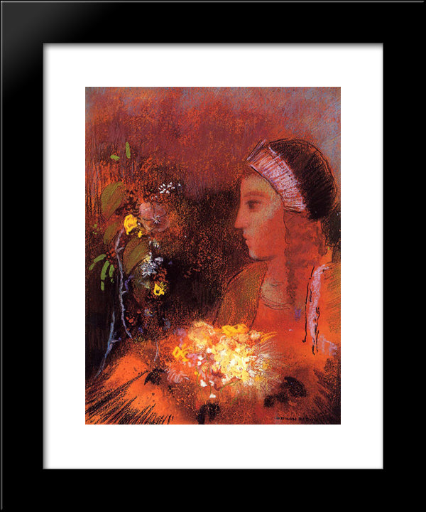Woman With Flowers 20x24 Black Modern Wood Framed Art Print Poster by Redon, Odilon