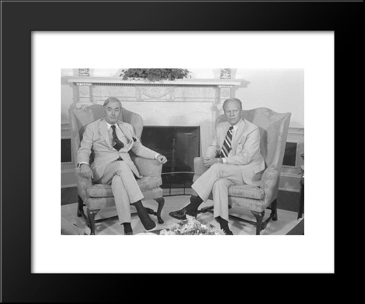 Un Ambassador Daniel P. Moynihan And President Gerald Ford, Seated In Armchairs, In Front Of A Fireplace 20x24 Black Modern Wood Framed Art Print Poster by Library of Congress