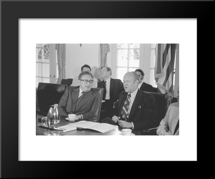 Secretary Of State Henry Kissinger And President Gerald Ford Seated At A Conference Table In The White House, During A Cabinet Meeting 20x24 Black Modern Wood Framed Art Print Poster by Library of Congress