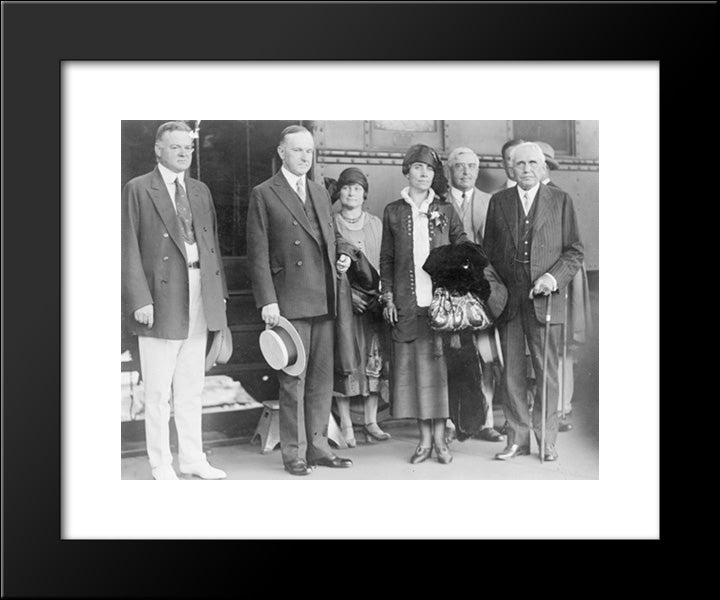 President And Mrs. Coolidge Standing, Full-Length Portrait, With Secretary Of Commerce Herbert Hoover 20x24 Black Modern Wood Framed Art Print Poster by Library of Congress