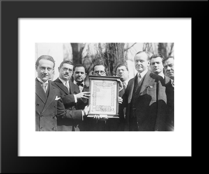 The Italian Republican League Of N.Y. Presents President Coolidge With An Original Parchment Of Lincoln'S Gettysburg Address 20x24 Black Modern Wood Framed Art Print Poster by Library of Congress