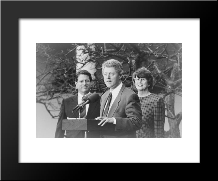 President Bill Clinton, Half-Length Portrait, Standing At Microphones, With Albert Gore And Janet Reno 20x24 Black Modern Wood Framed Art Print Poster by Library of Congress