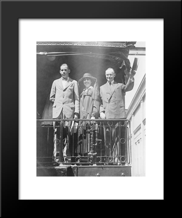President Calvin Coolidge, Full-Length Portrait, Standing, Facing Slightly Left, With Wife And Son, On Back Of Railroad Train 20x24 Black Modern Wood Framed Art Print Poster by Library of Congress