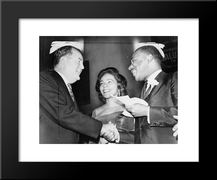 Vice President-Elect Hubert Humphrey Shaking Hands With Dr. Martin Luther King, As Mrs. King Looks On, At A Rally At Harlem'S 369Th Regiment Armory 20x24 Black Modern Wood Framed Art Print Poster by Library of Congress
