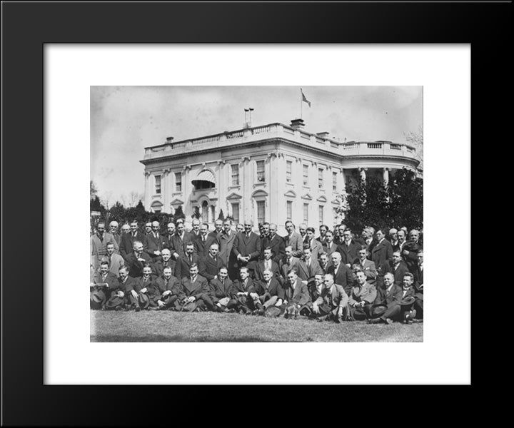 President Harding, Standing On The Lawn Of The White House, With Large Group Of Newspapermen Seated And Standing Around Him 20x24 Black Modern Wood Framed Art Print Poster by Library of Congress