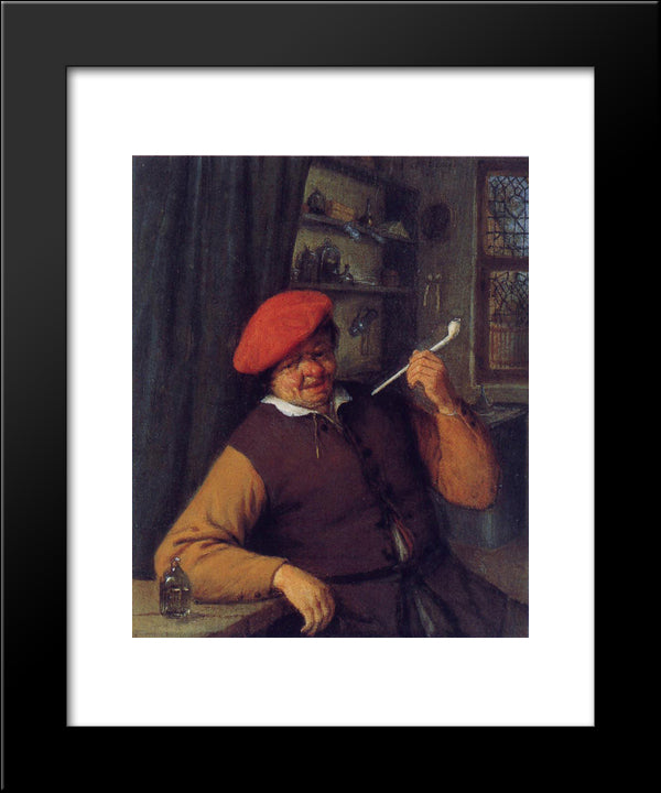 A Peasant In A Red Beret Smoking A Pipe 20x24 Black Modern Wood Framed Art Print Poster by Ostade, Adriaen van