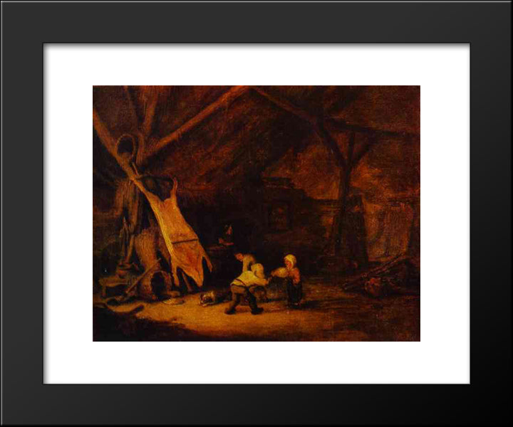 Children Playing In A Barn 20x24 Black Modern Wood Framed Art Print Poster by Ostade, Adriaen van