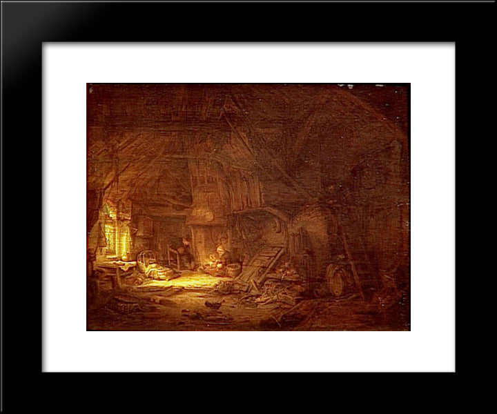 Cottage Interior With A Family Around The Hearth 20x24 Black Modern Wood Framed Art Print Poster by Ostade, Adriaen van