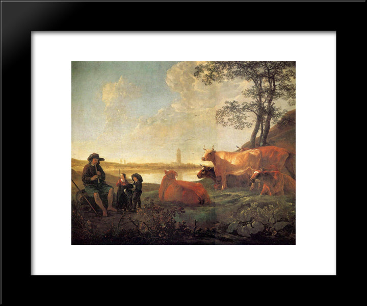 Landscape With Shepherds And Flock, Near Rhenen 20x24 Black Modern Wood Framed Art Print Poster by Cuyp, Aelbert