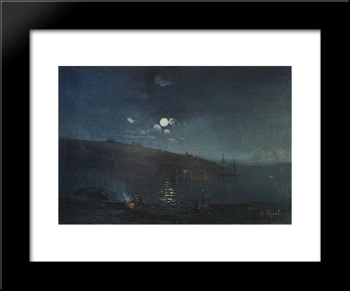 Moonlit Night. Landscape With Fire 20x24 Black Modern Wood Framed Art Print Poster by Savrasov, Aleksey