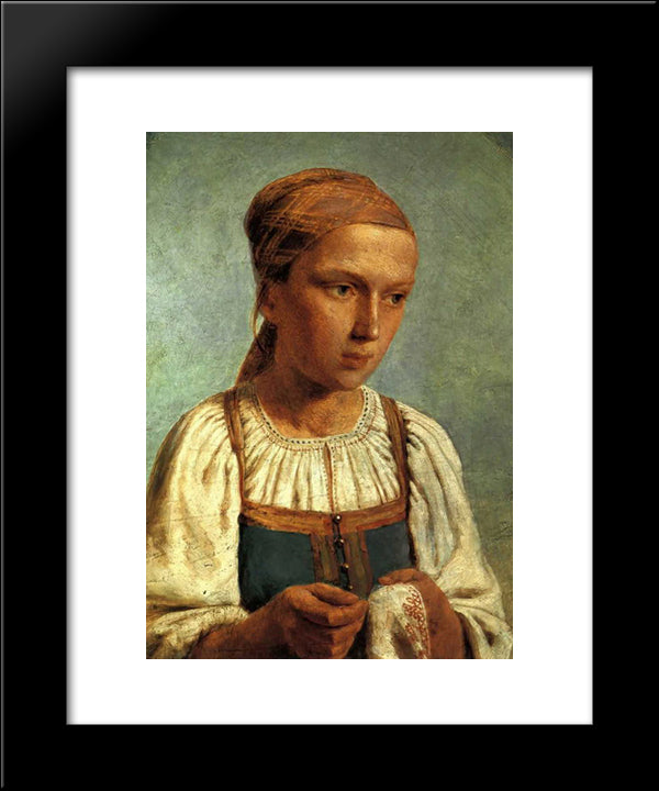 A Peasant Girl With Embroidery 20x24 Black Modern Wood Framed Art Print Poster by Venetsianov, Alexey