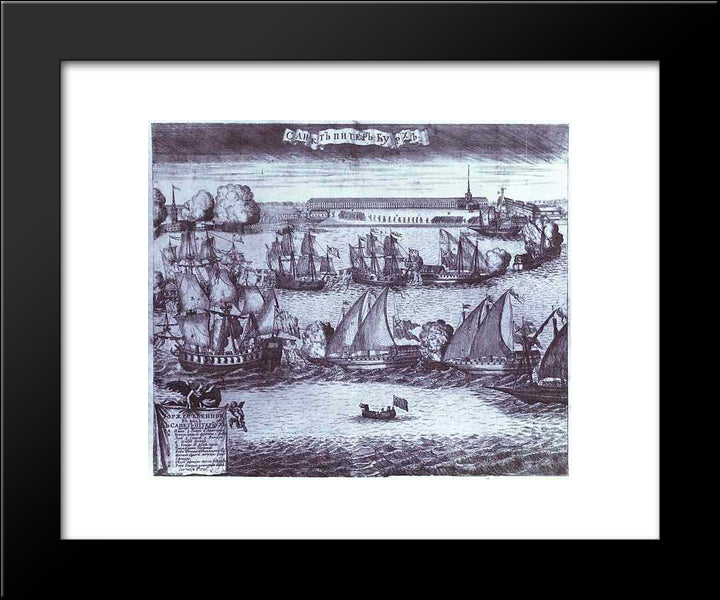 The Bringing Of 4 Swedish Frigates In St. Petersburg After The Victory In The Battle Of Grengam September 8 1720 20x24 Black Modern Wood Framed Art Print Poster by Zubov, Alexey