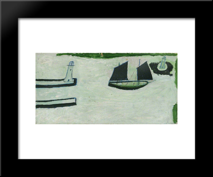 Fishing Boat Between Two Lighthouses 20x24 Black Modern Wood Framed Art Print Poster by Wallis, Alfred