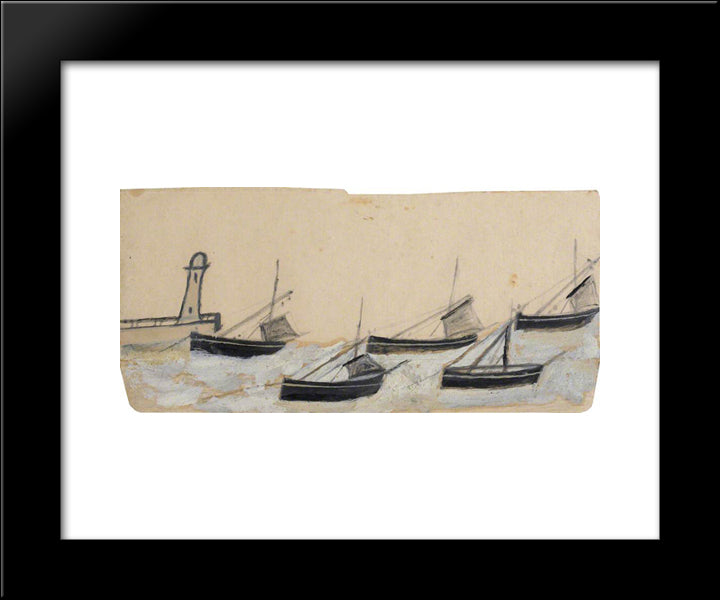 Five Fishing Boats Anchored By Pier And Lighthouse 20x24 Black Modern Wood Framed Art Print Poster by Wallis, Alfred