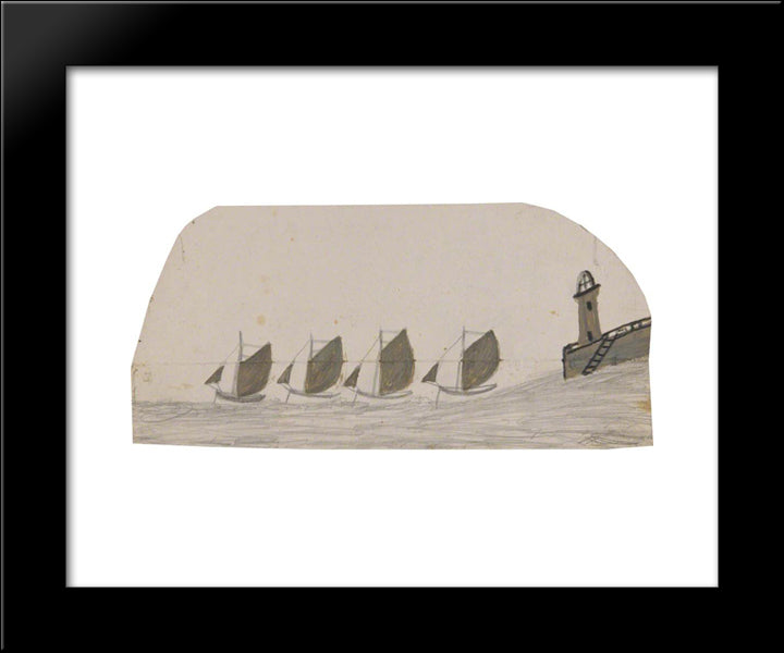 Four Sailing Boats Leaving Pier With Lighthouse 20x24 Black Modern Wood Framed Art Print Poster by Wallis, Alfred