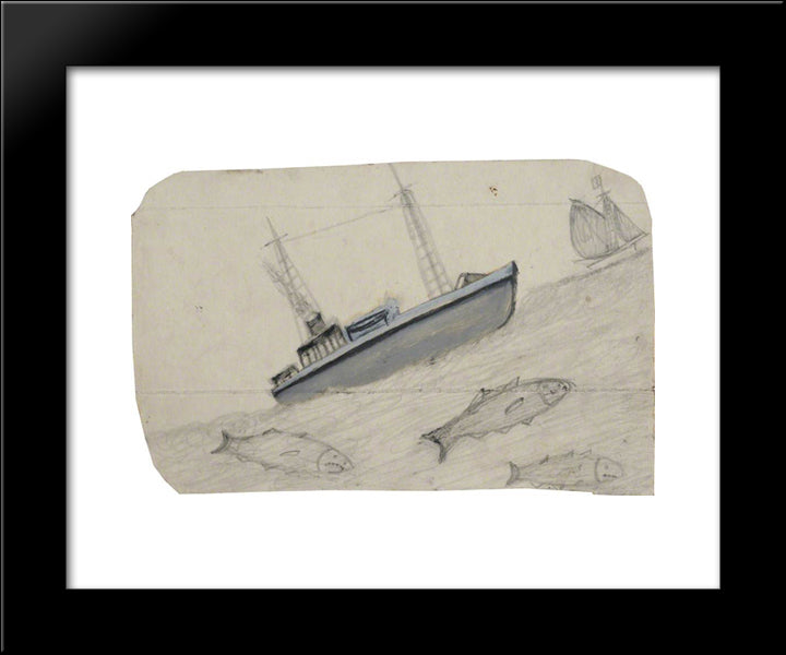 Grey Steamboat, Sailing Ship And Three Fish With Teeth 20x24 Black Modern Wood Framed Art Print Poster by Wallis, Alfred
