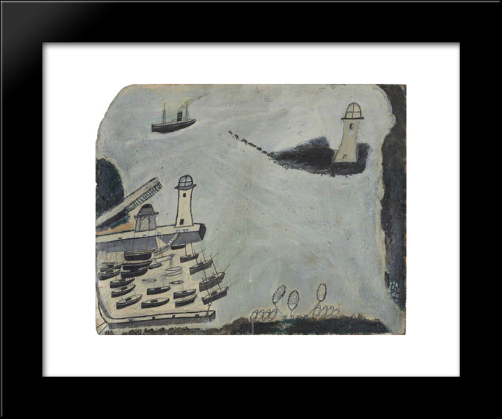 Harbour With Two Lighthouses And Motor Vessel, St Ives Bay 20x24 Black Modern Wood Framed Art Print Poster by Wallis, Alfred
