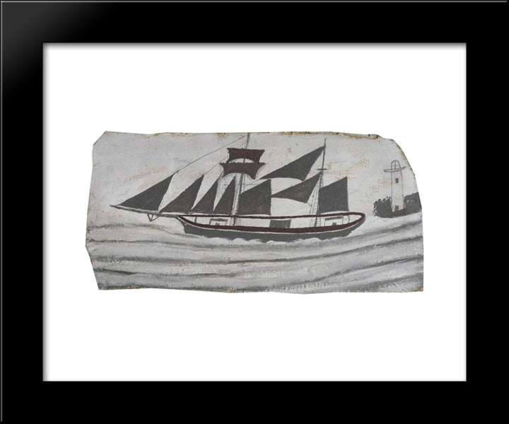 Schooner In Full Sail Near A Lighthouse 20x24 Black Modern Wood Framed Art Print Poster by Wallis, Alfred