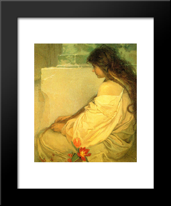 Girl With Loose Hair And Tulips 20x24 Black Modern Wood Framed Art Print Poster by Mucha, Alphonse