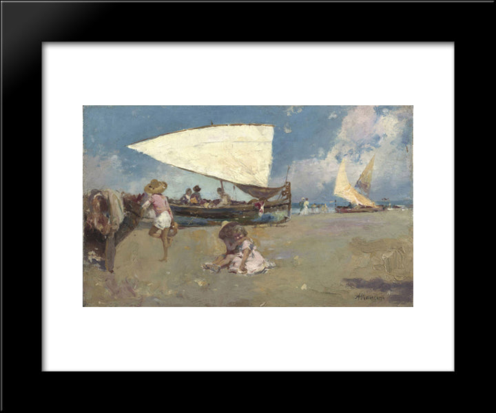 Children On A Sunny Beach 20x24 Black Modern Wood Framed Art Print Poster by Mancini, Antonio