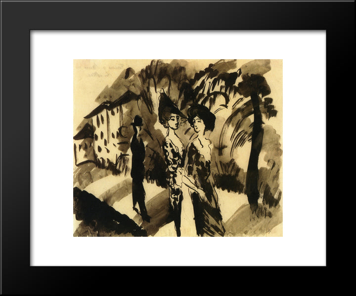 Two Women And A Man On An Avenue 20x24 Black Modern Wood Framed Art Print Poster by Macke, August