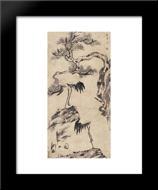 Pine And Cranes 20x24 Black Modern Wood Framed Art Print Poster by Shanren, Bada