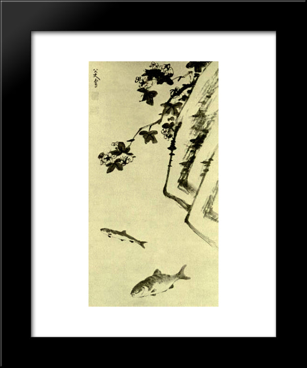 Rock And Two Fish 20x24 Black Modern Wood Framed Art Print Poster by Shanren, Bada