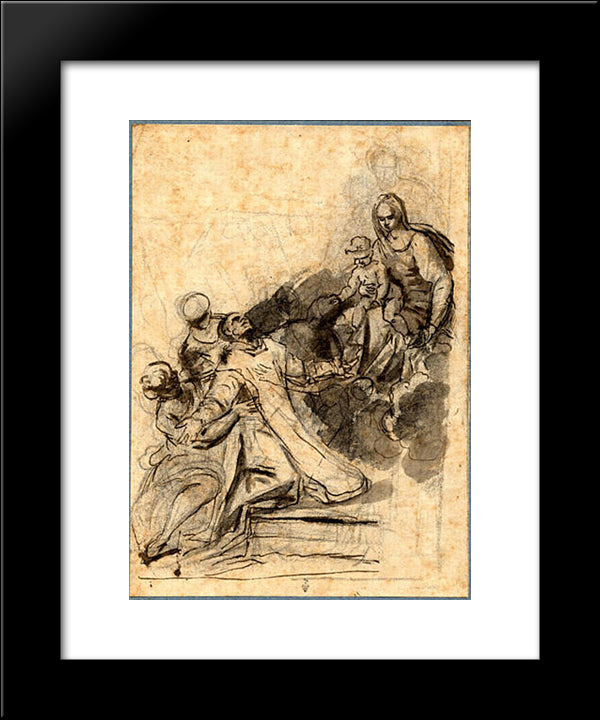 A Saint Kneeling And Supported By Angels, In Ecstasy Before The Virgin And Child On A Cloud 20x24 Black Modern Wood Framed Art Print Poster by Murillo, Bartolome Esteban