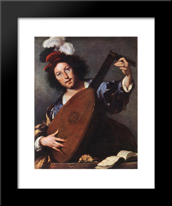 Lute Player 20x24 Black Modern Wood Framed Art Print Poster by Strozzi, Bernardo
