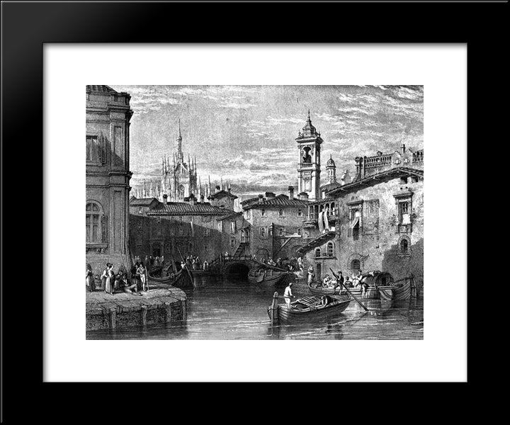 Boat Scene At Milan, Drawing By Leitch, Engraving By T. Higham 20x24 Black Modern Wood Framed Art Print Poster by Leitch, William Leighton