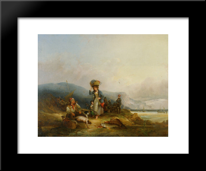 Fisherfolk And Their Catch By The Sea 20x24 Black Modern Wood Framed Art Print Poster by Shayer, William
