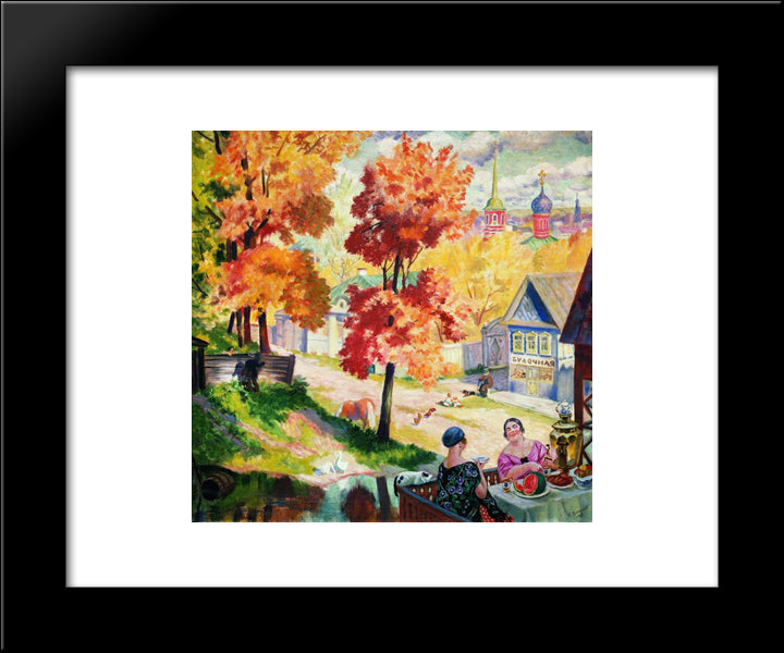 Autumn In The Province. Teatime 20x24 Black Modern Wood Framed Art Print Poster by Kustodiev, Boris