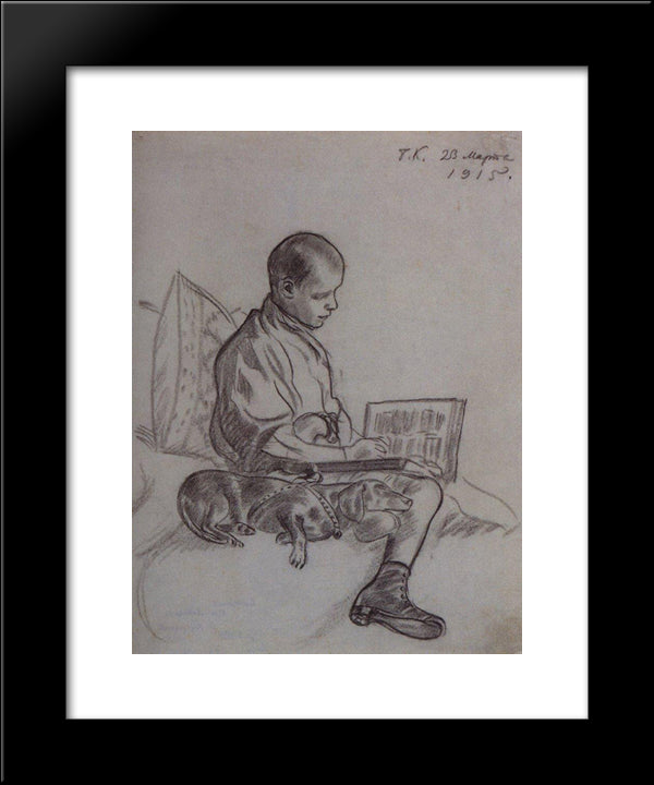 Boy With Dog (Portrait Of Cyril Kustodiev, Son Of The Artist) 20x24 Black Modern Wood Framed Art Print Poster by Kustodiev, Boris