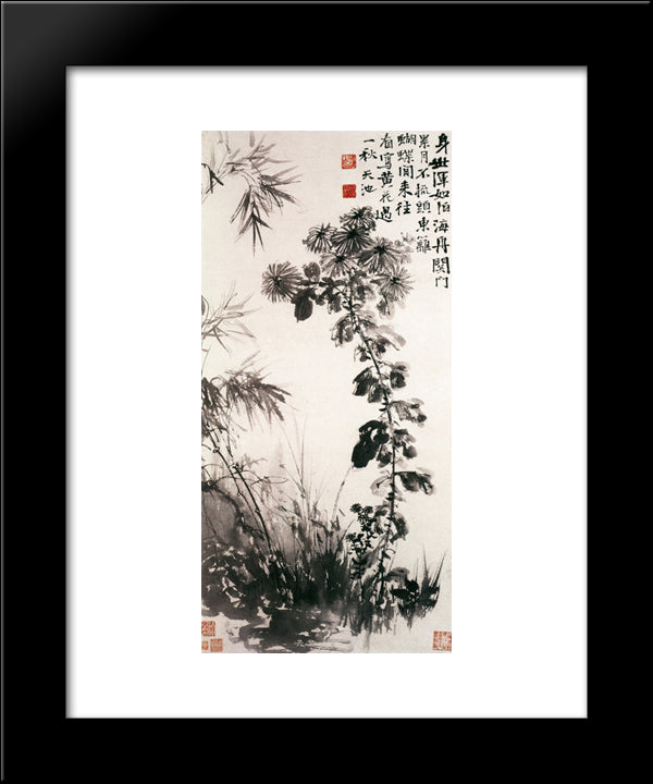 Chrysanthemums And Bamboos 20x24 Black Modern Wood Framed Art Print Poster by Xu Wei