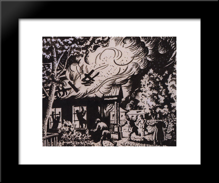 Fire In Kistenevka 20x24 Black Modern Wood Framed Art Print Poster by Kustodiev, Boris