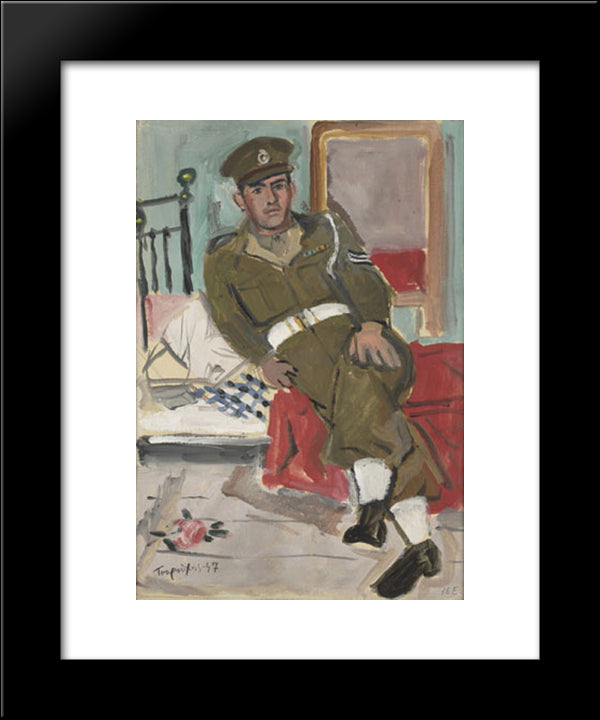 Gendarmerie Sitting On Bed With A Fallen Rose 20x24 Black Modern Wood Framed Art Print Poster by Tsaroychis, Yiannis