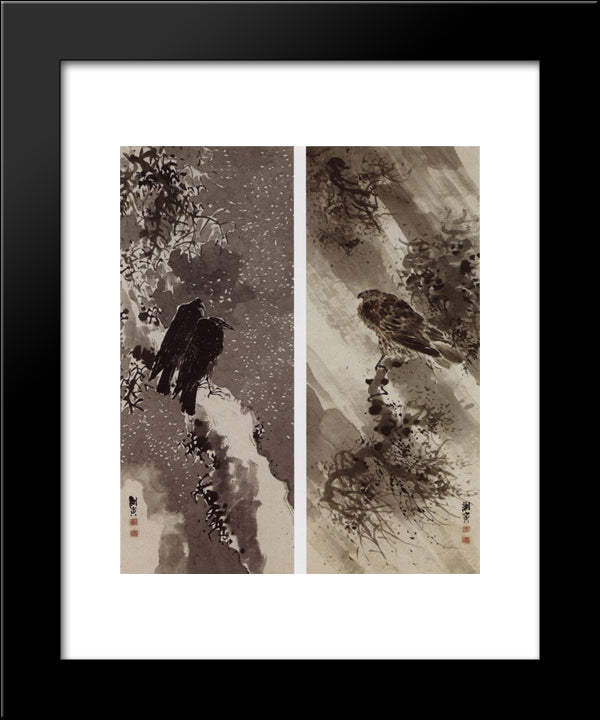 A Black Hawk And Two Crows 20x24 Black Modern Wood Framed Art Print Poster by Buson, Yosa