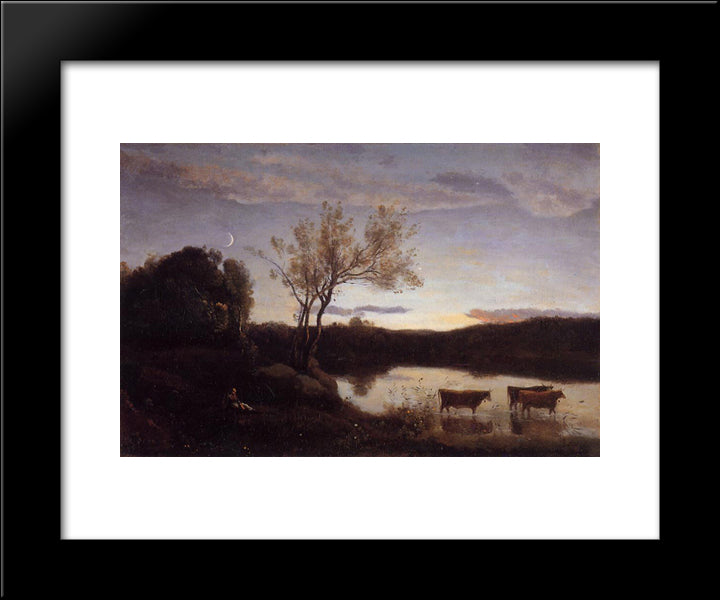 A Pond With Three Cows And A Crescent Moon 20x24 Black Modern Wood Framed Art Print Poster by Corot, Jean Baptiste Camille
