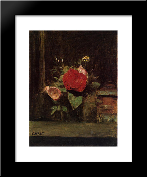Bouquet Of Flowers In A Glass Beside A Tobacco Pot 20x24 Black Modern Wood Framed Art Print Poster by Corot, Jean Baptiste Camille