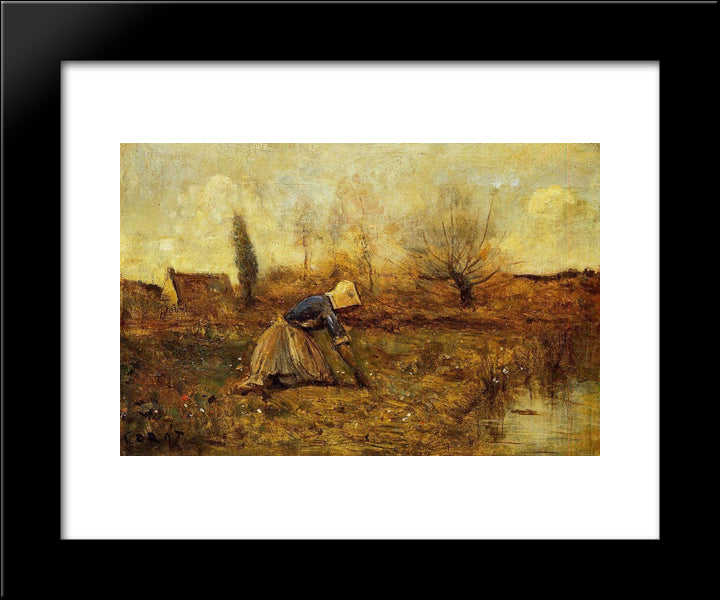 Farmer Kneeling Picking Dandelions 20x24 Black Modern Wood Framed Art Print Poster by Corot, Jean Baptiste Camille