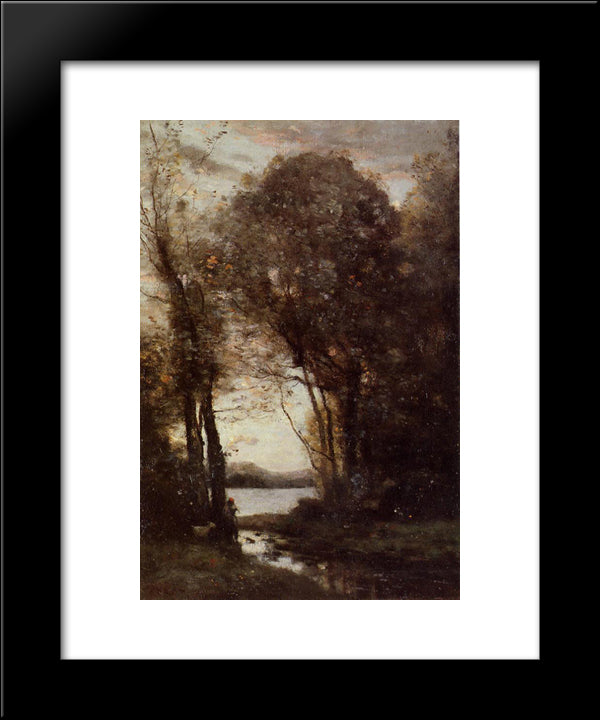 Goatherd Standing, Playing The Flute Under The Trees 20x24 Black Modern Wood Framed Art Print Poster by Corot, Jean Baptiste Camille