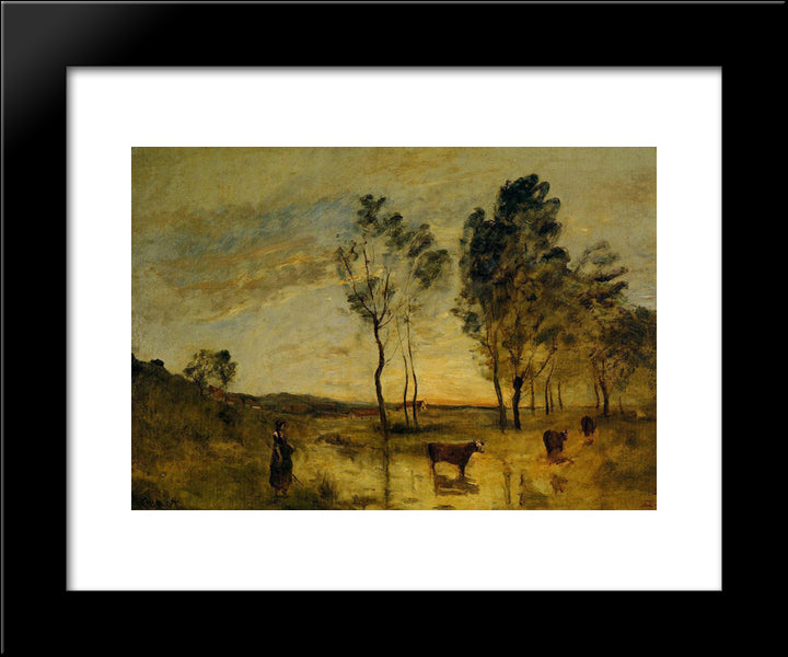 Le Gue (Cows On The Banks Of The Gue) 20x24 Black Modern Wood Framed Art Print Poster by Corot, Jean Baptiste Camille